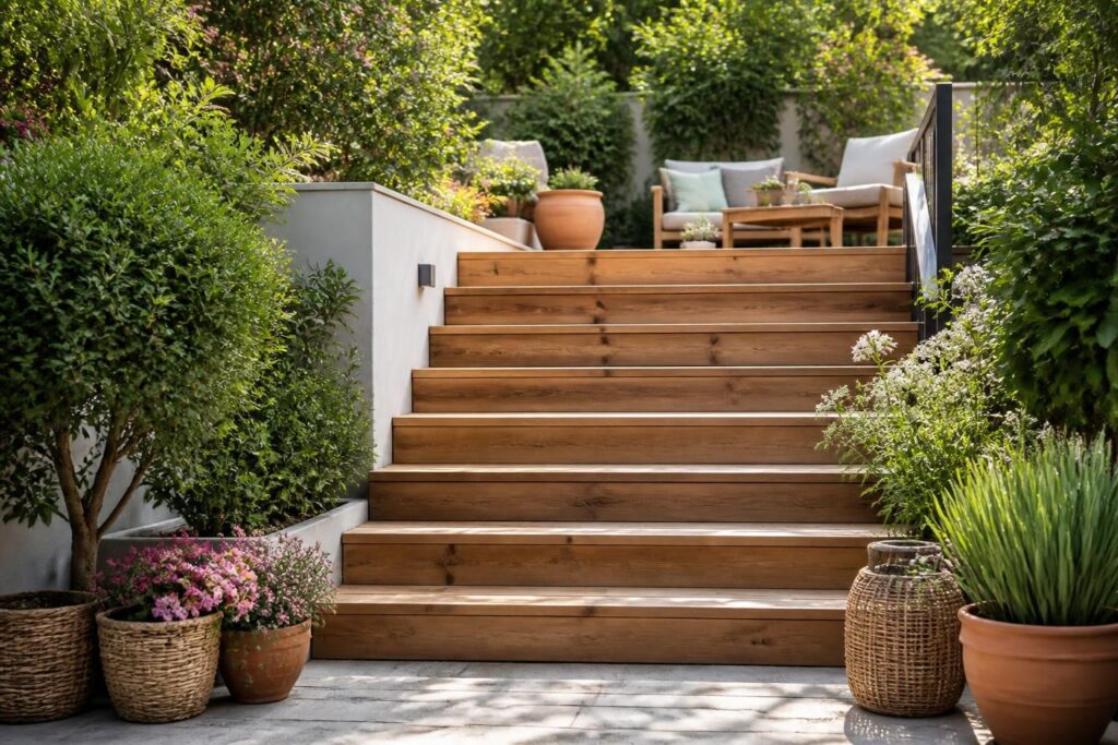 découvrez des idées d'escaliers pour terrasse extérieure en bois ou béton afin d'aménager et sublimer votre jardin avec style et fonctionnalité.