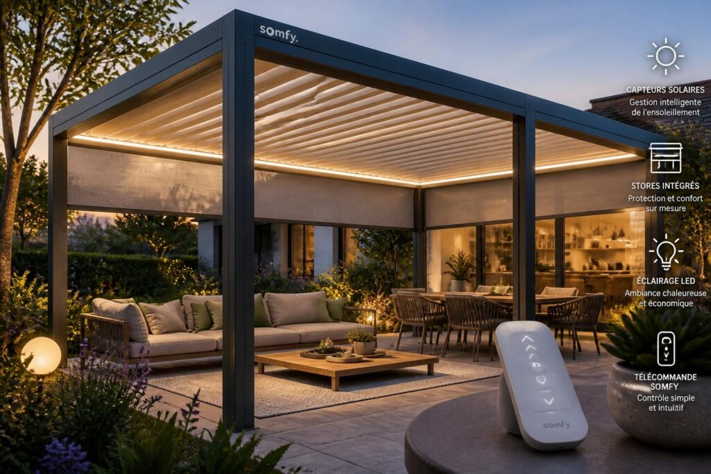 découvrez la pergola somfy avec télécommande, moteur performant et options innovantes pour un confort optimal et une automatisation facile de votre espace extérieur.