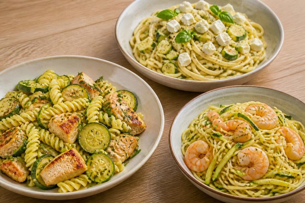 découvrez nos recettes savoureuses de pâte et courgette, accompagnées de poulet, feta ou crevettes, pour des plats délicieux et faciles à préparer.